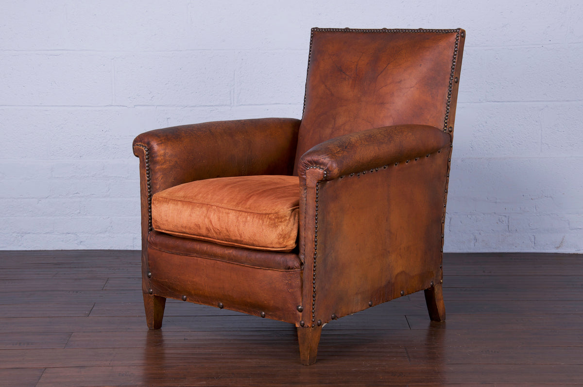 1930s French Art Deco Club Chair W/ Original Brown Leather