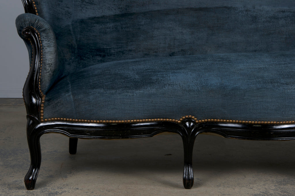 19th Century Napoleon III Ebonized Settee W/ Blue Velvet