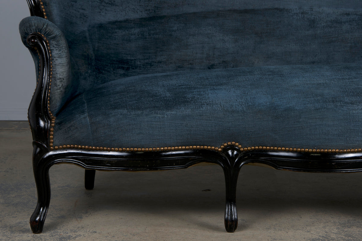 19th Century Napoleon III Ebonized Settee W/ Blue Velvet