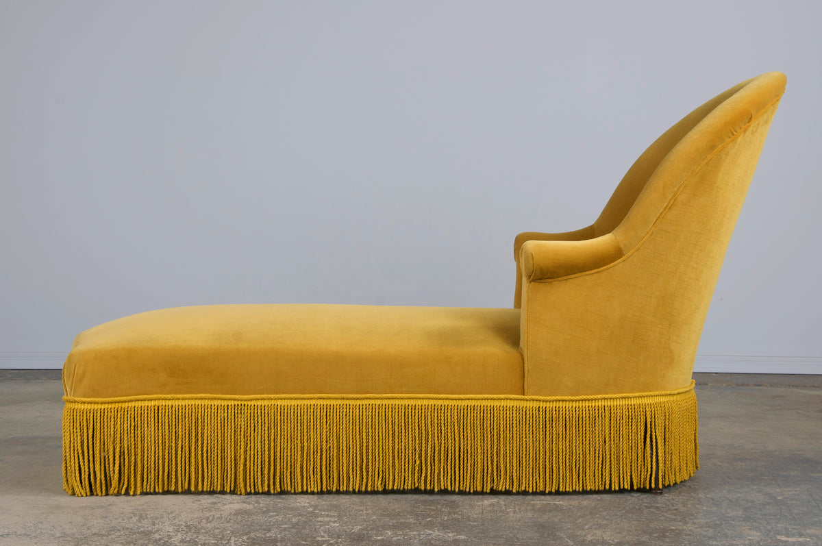 19th Century French Napoleon III Style Chaise Lounge W/ Golden Yellow Velvet