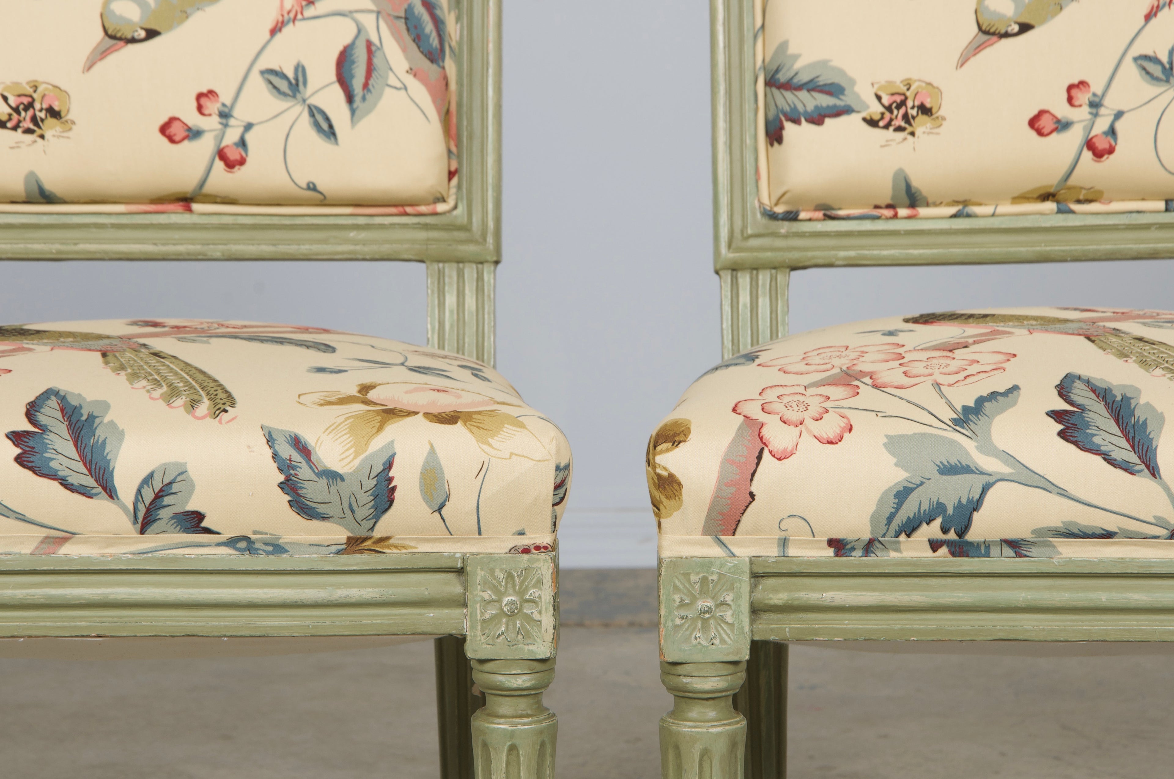 Antique French Louis XVI Style Painted Square Back Side Chairs in Chinoiserie Fabric - A Pair