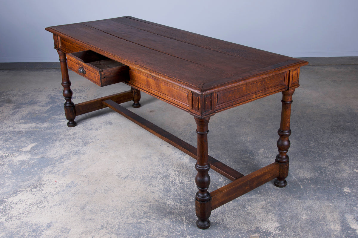 Antique Country French Provincial Tiger Oak Farmhouse Trestle Dining Table