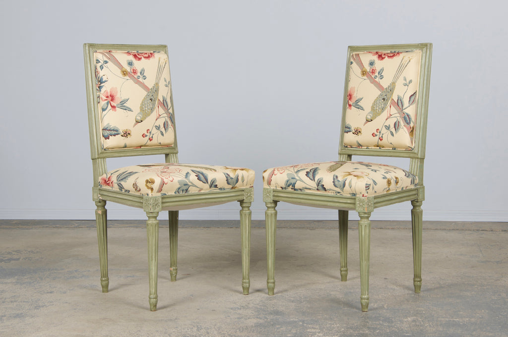 Antique French Louis XVI Style Painted Square Back Side Chairs in Chinoiserie Fabric - A Pair