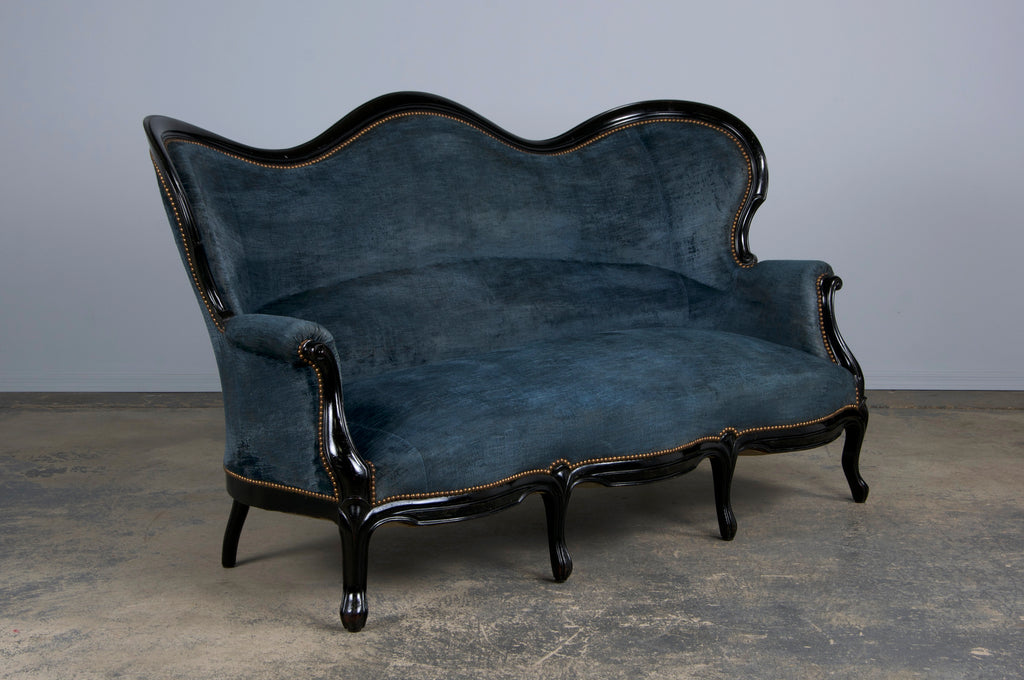 19th Century Napoleon III Ebonized Settee W/ Blue Velvet