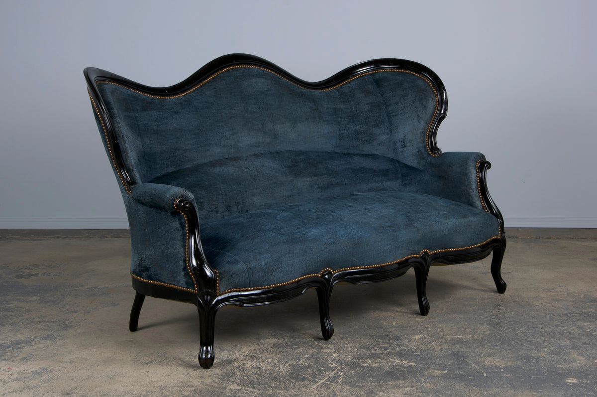 19th Century Napoleon III Ebonized Settee W/ Blue Velvet