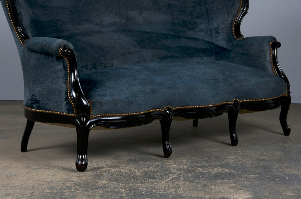 19th Century Napoleon III Ebonized Settee W/ Blue Velvet