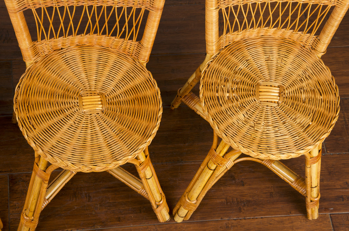 Mid Century Modern French Rattan and Bamboo Outdoor Dining Set - Set of 5