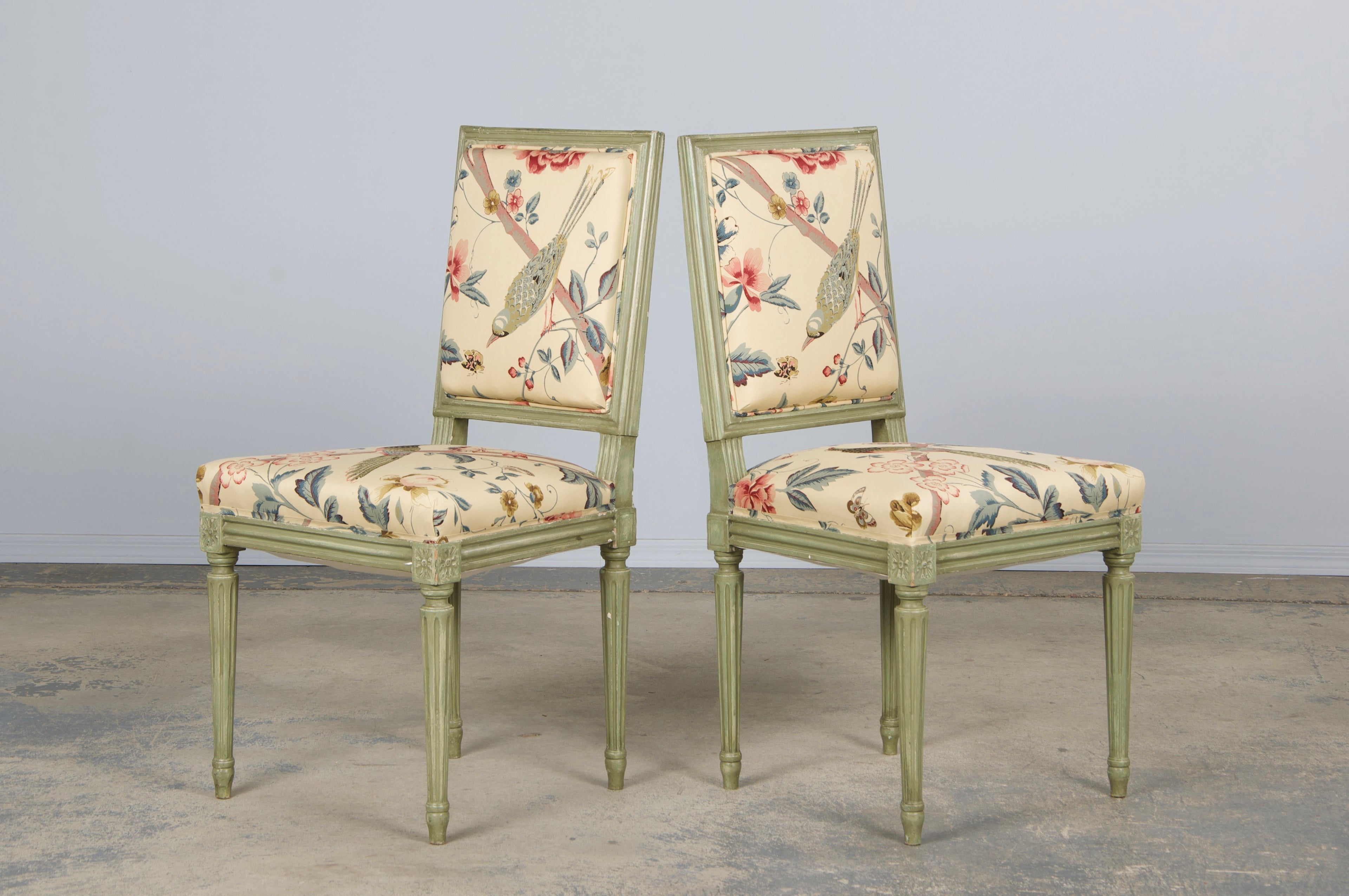 Antique French Louis XVI Style Painted Square Back Side Chairs in Chinoiserie Fabric - A Pair