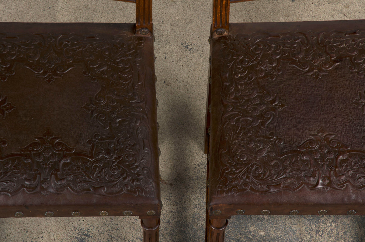 19th Century French Henry II Style Walnut Dining Chairs W/ Original Brown Leather - Set of 10