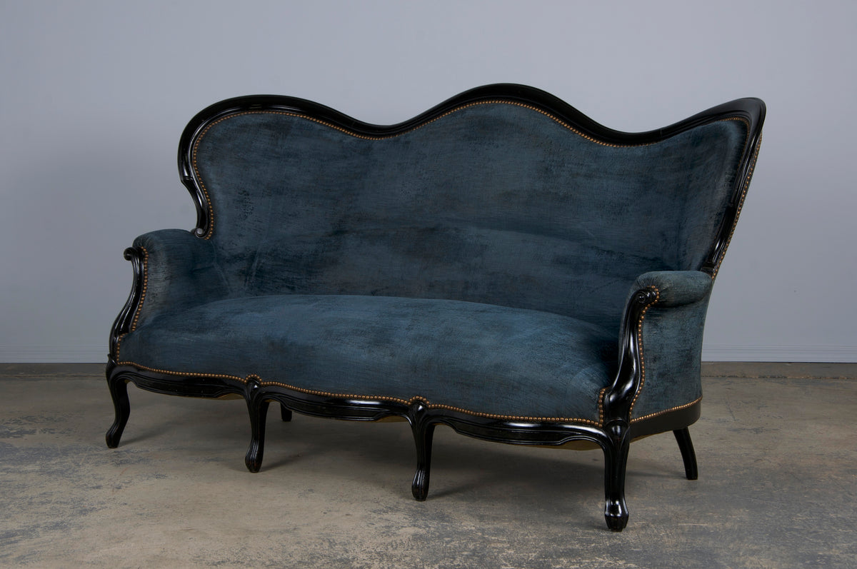 19th Century Napoleon III Ebonized Settee W/ Blue Velvet