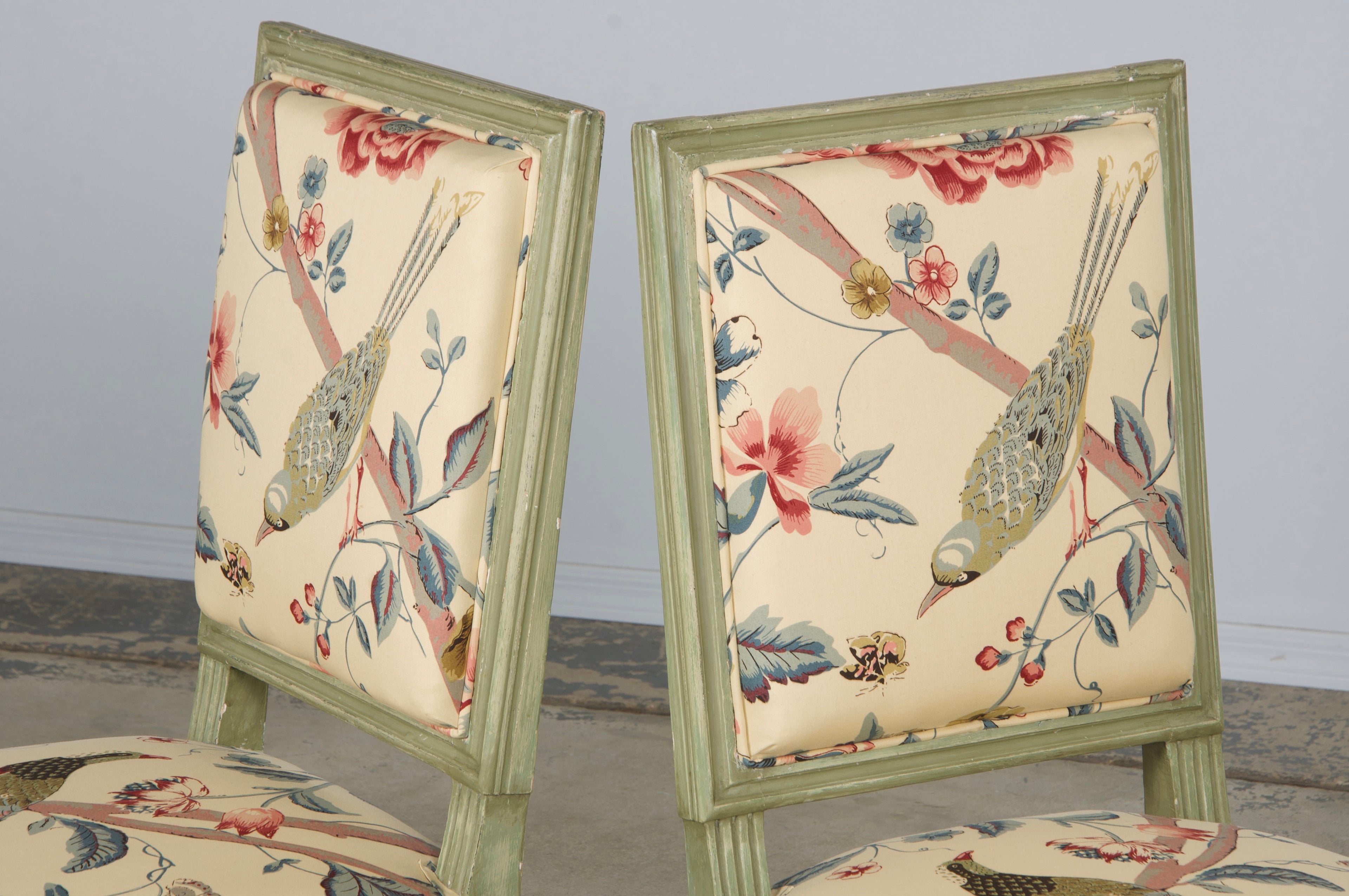 Antique French Louis XVI Style Painted Square Back Side Chairs in Chinoiserie Fabric - A Pair