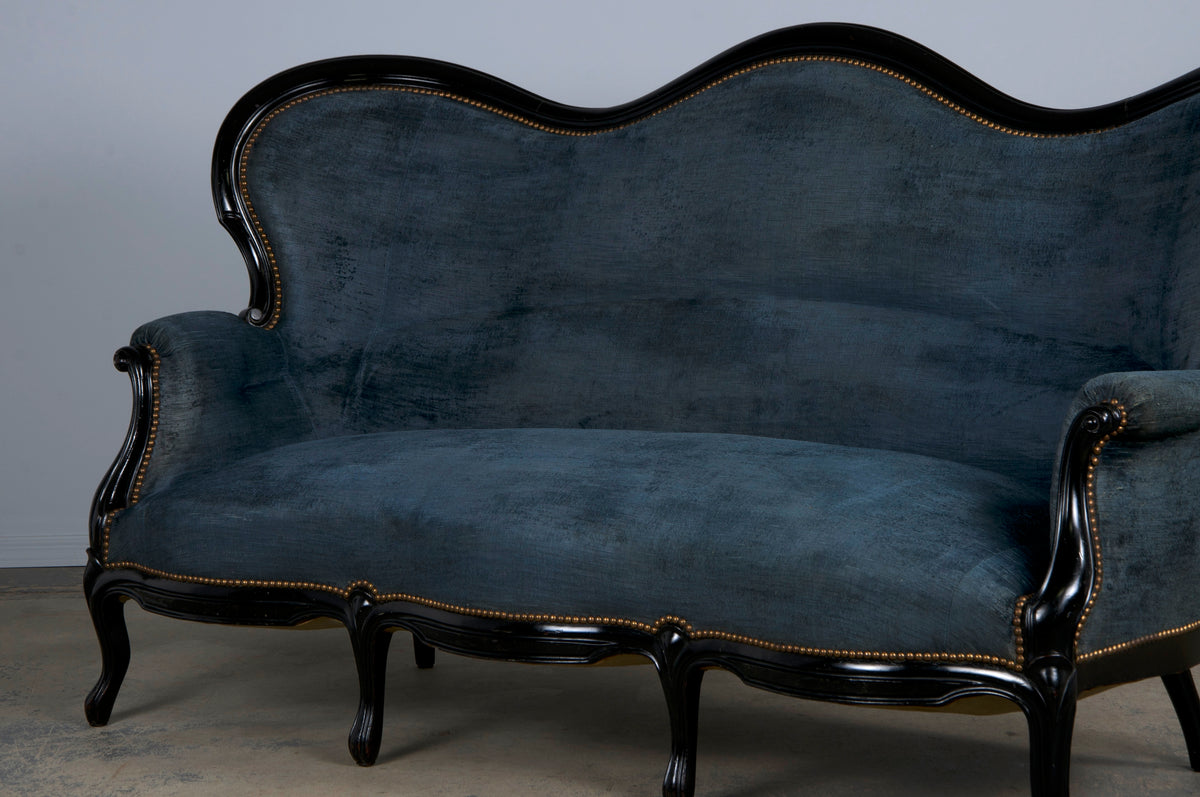 19th Century Napoleon III Ebonized Settee W/ Blue Velvet