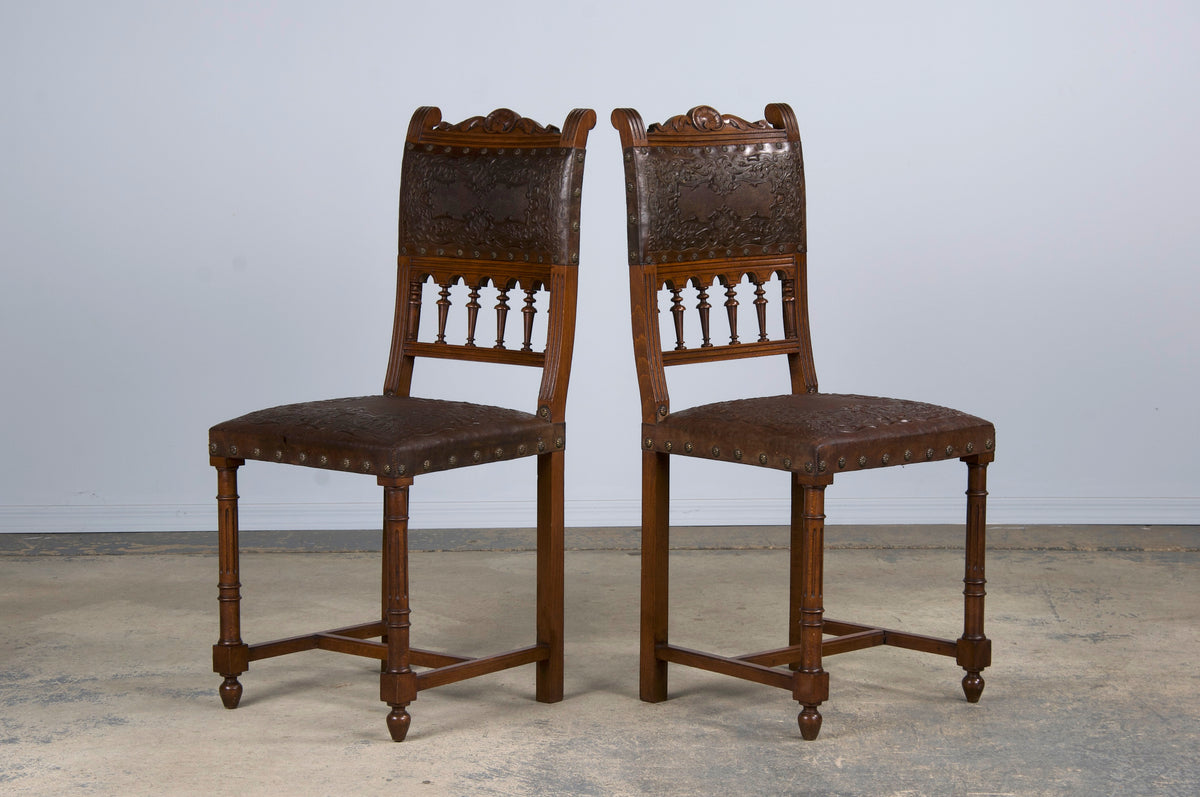 19th Century French Henry II Style Walnut Dining Chairs W/ Original Brown Leather - Set of 10