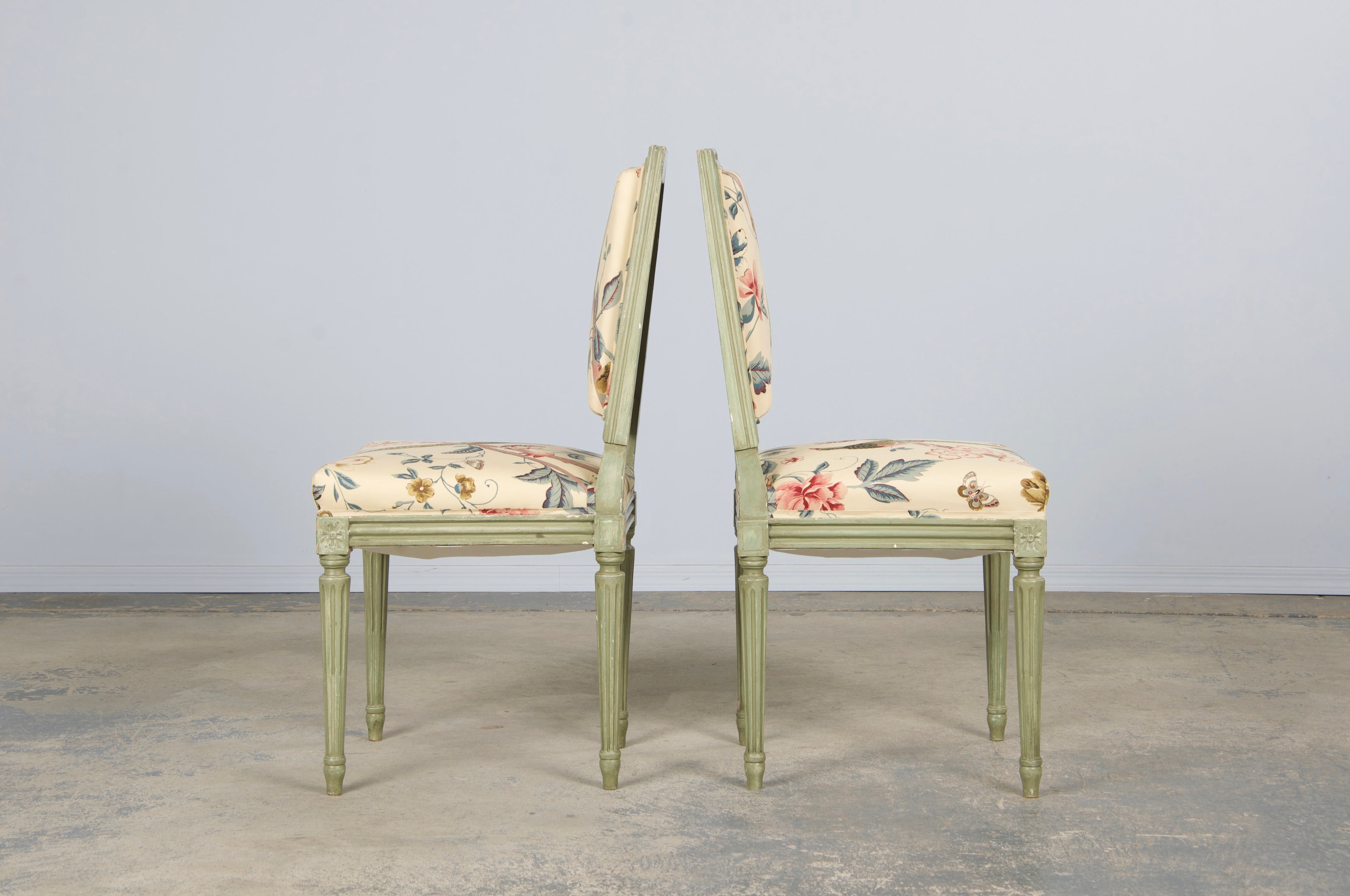 Antique French Louis XVI Style Painted Square Back Side Chairs in Chinoiserie Fabric - A Pair