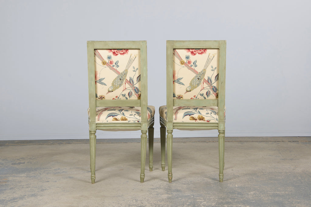 Antique French Louis XVI Style Painted Square Back Side Chairs in Chinoiserie Fabric - A Pair