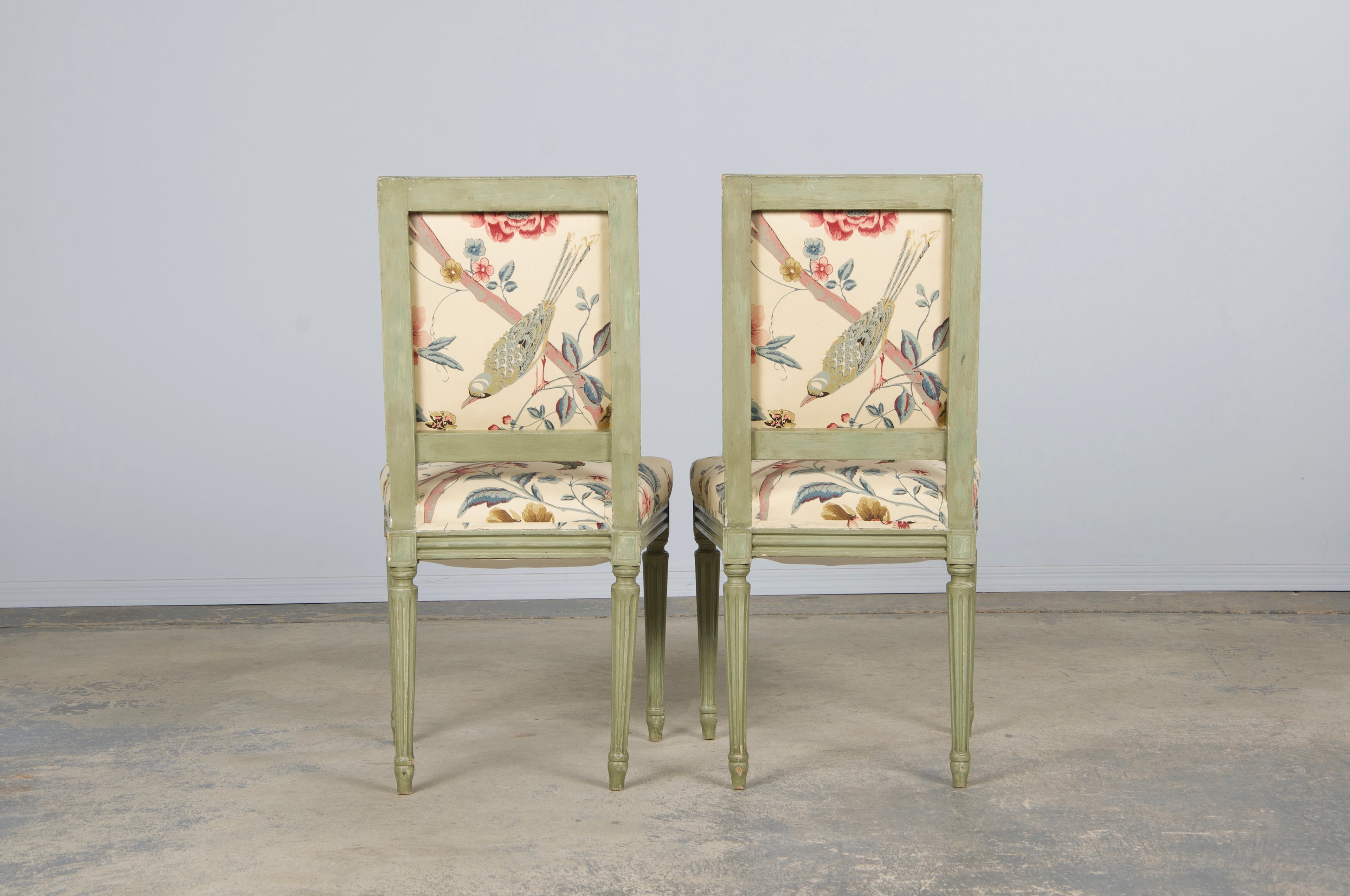 Antique French Louis XVI Style Painted Square Back Side Chairs in Chinoiserie Fabric - A Pair