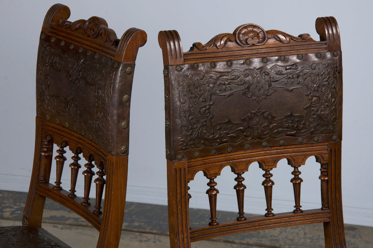 19th Century French Henry II Style Walnut Dining Chairs W/ Original Brown Leather - Set of 10