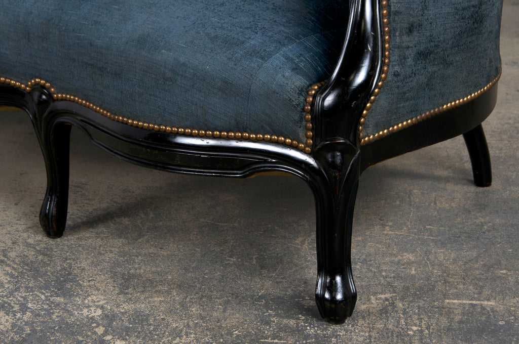 19th Century Napoleon III Ebonized Settee W/ Blue Velvet