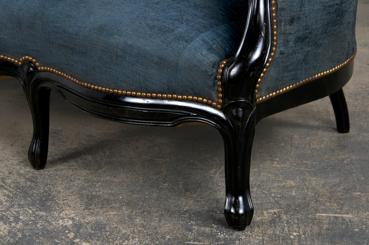 19th Century Napoleon III Ebonized Settee W/ Blue Velvet