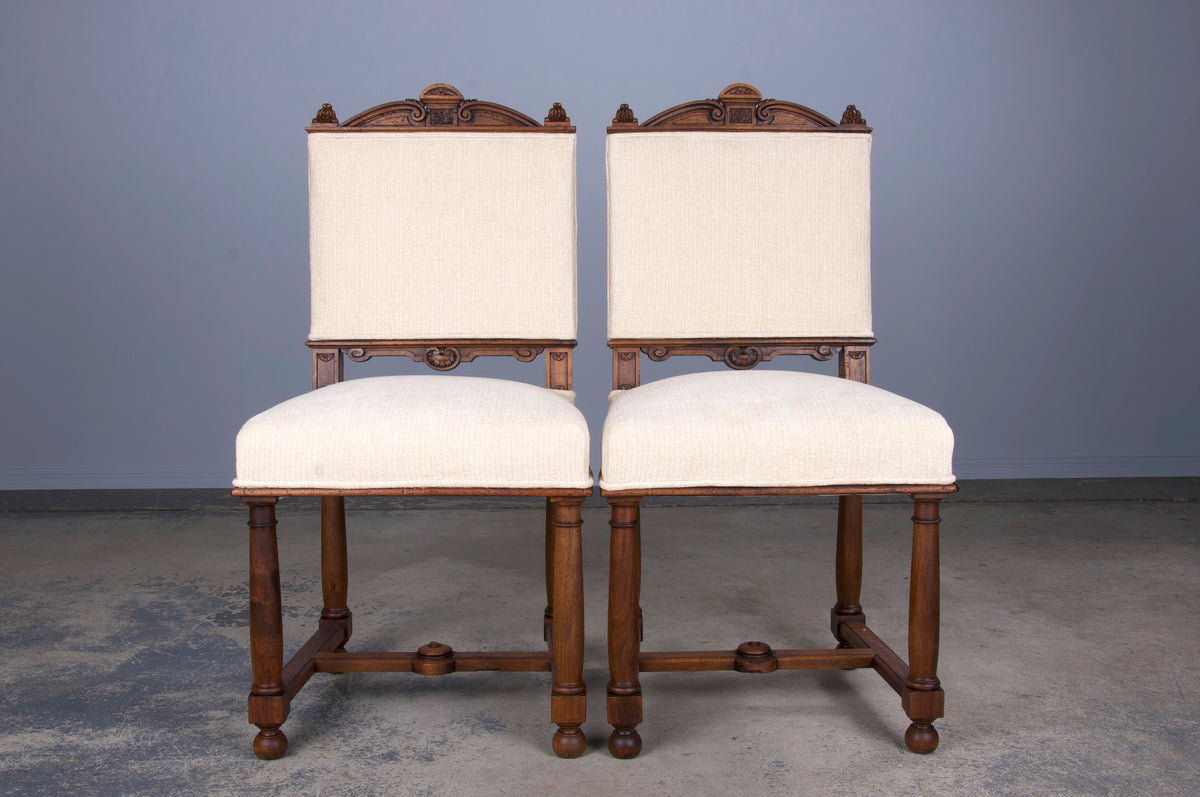 Antique French Napoleon III Style Walnut Dining Chairs W/ Custard Chenille - Set of 10