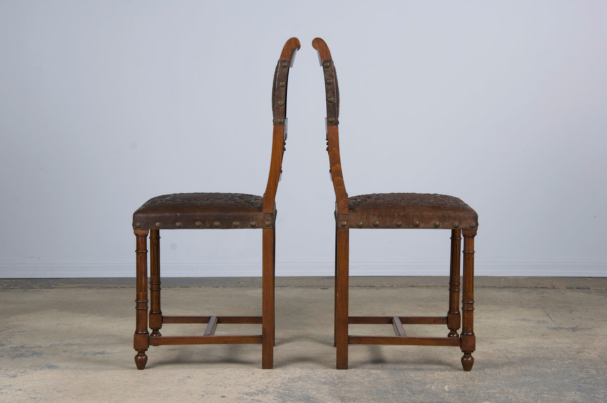 19th Century French Henry II Style Walnut Dining Chairs W/ Original Brown Leather - Set of 10