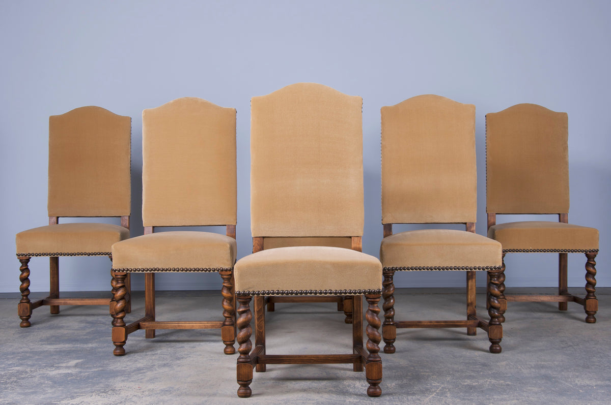 Antique French Louis XIII Style Maple Barley Twist Dining Chairs W/ Beige Velvet - Set of 6