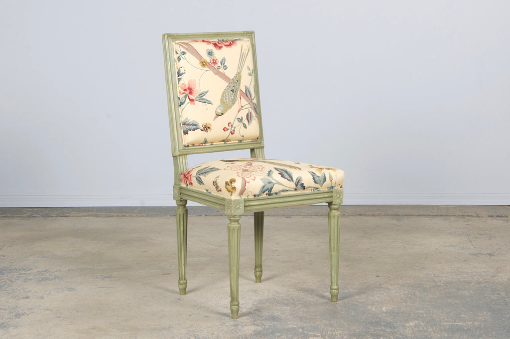 Antique French Louis XVI Style Painted Square Back Side Chairs in Chinoiserie Fabric - A Pair