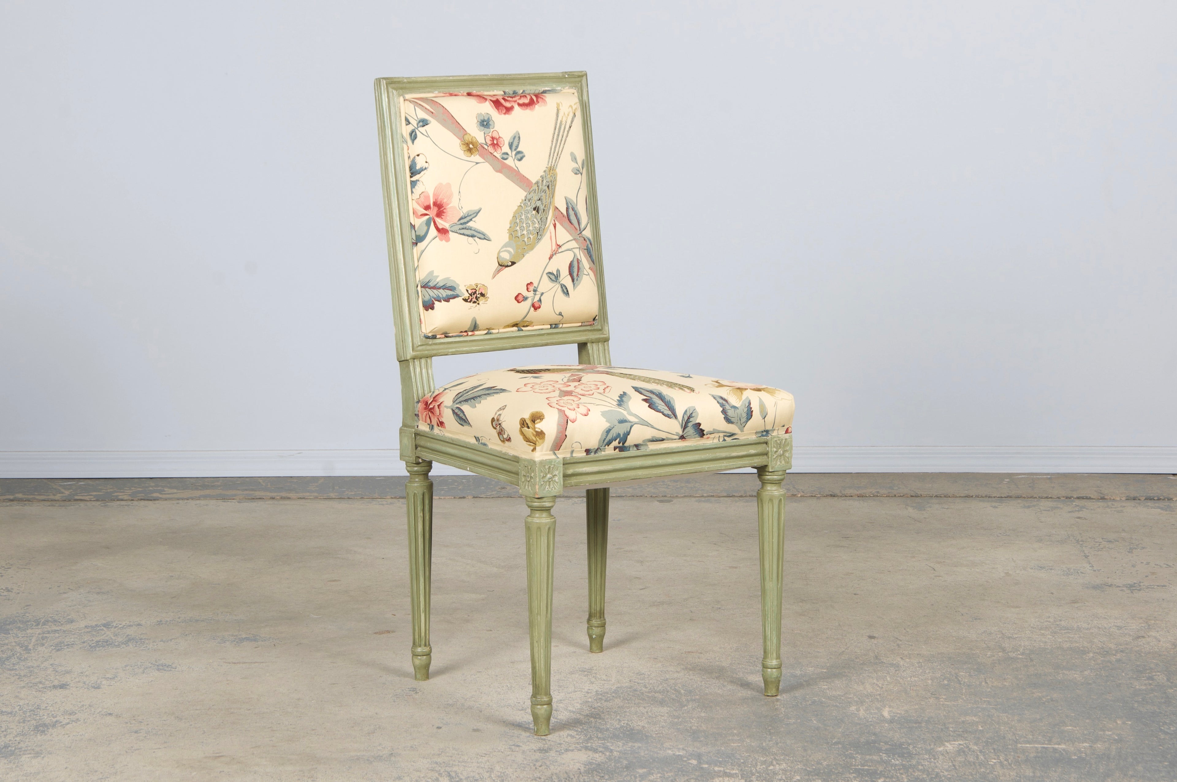 Antique French Louis XVI Style Painted Square Back Side Chairs in Chinoiserie Fabric - A Pair