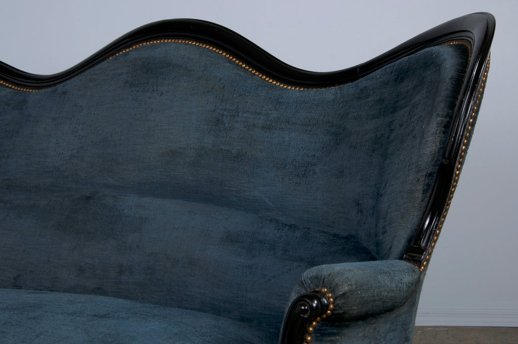 19th Century Napoleon III Ebonized Settee W/ Blue Velvet