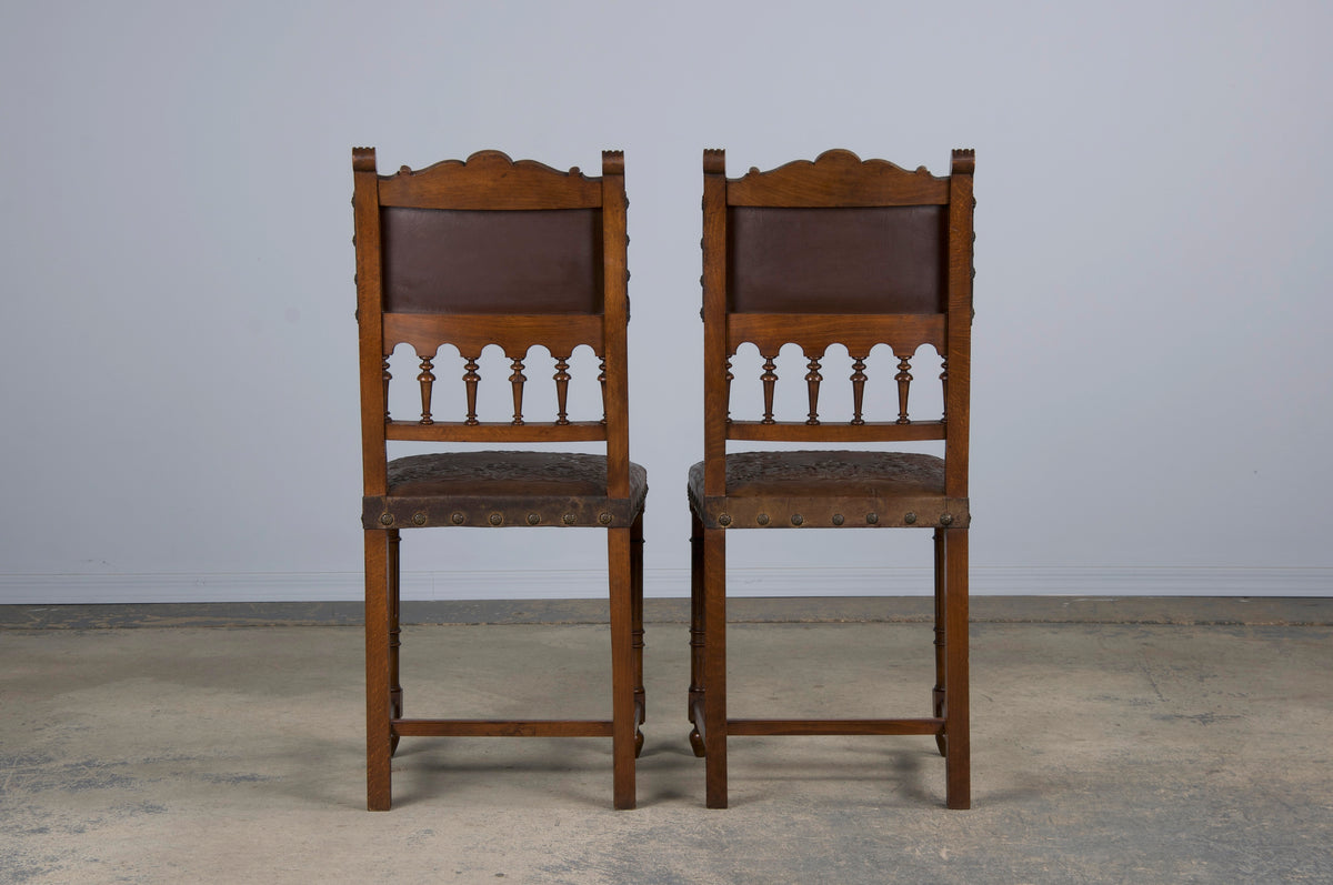 19th Century French Henry II Style Walnut Dining Chairs W/ Original Brown Leather - Set of 10