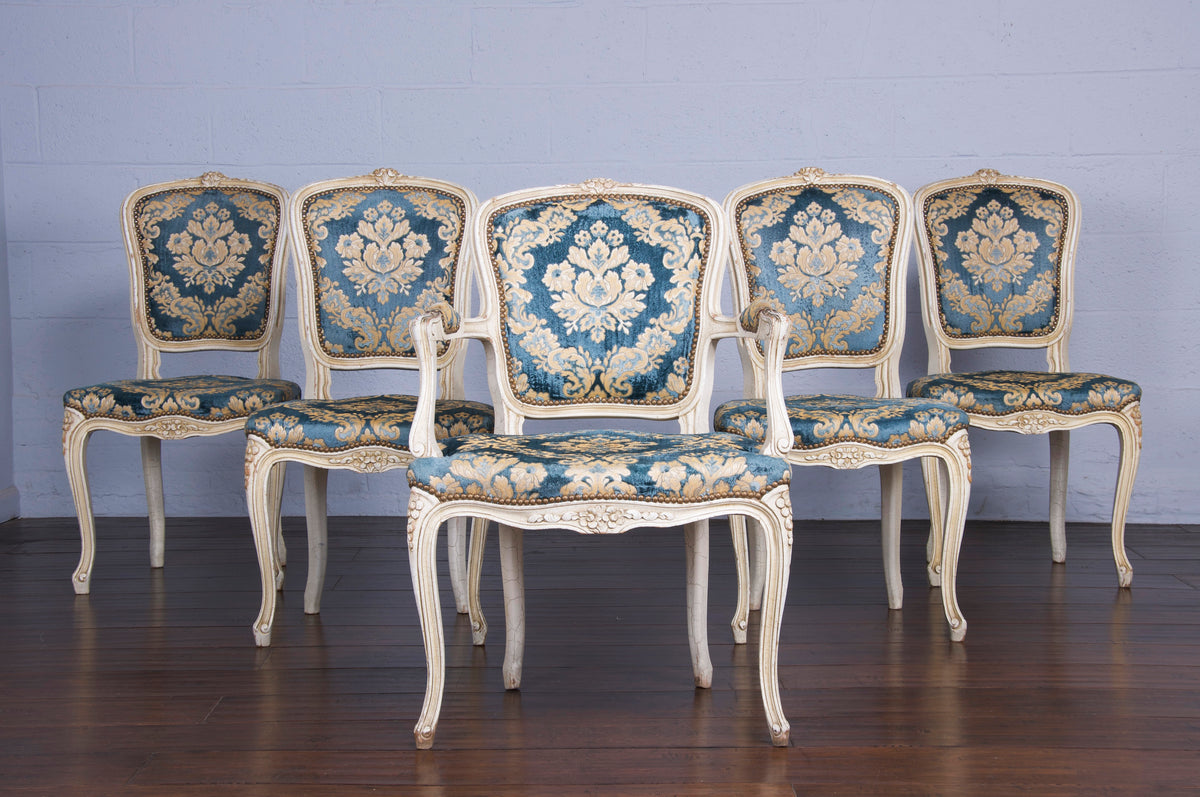 Antique French Louis XV Style Provincial Painted Dining Chairs W/ Floral Damask - Set of 5