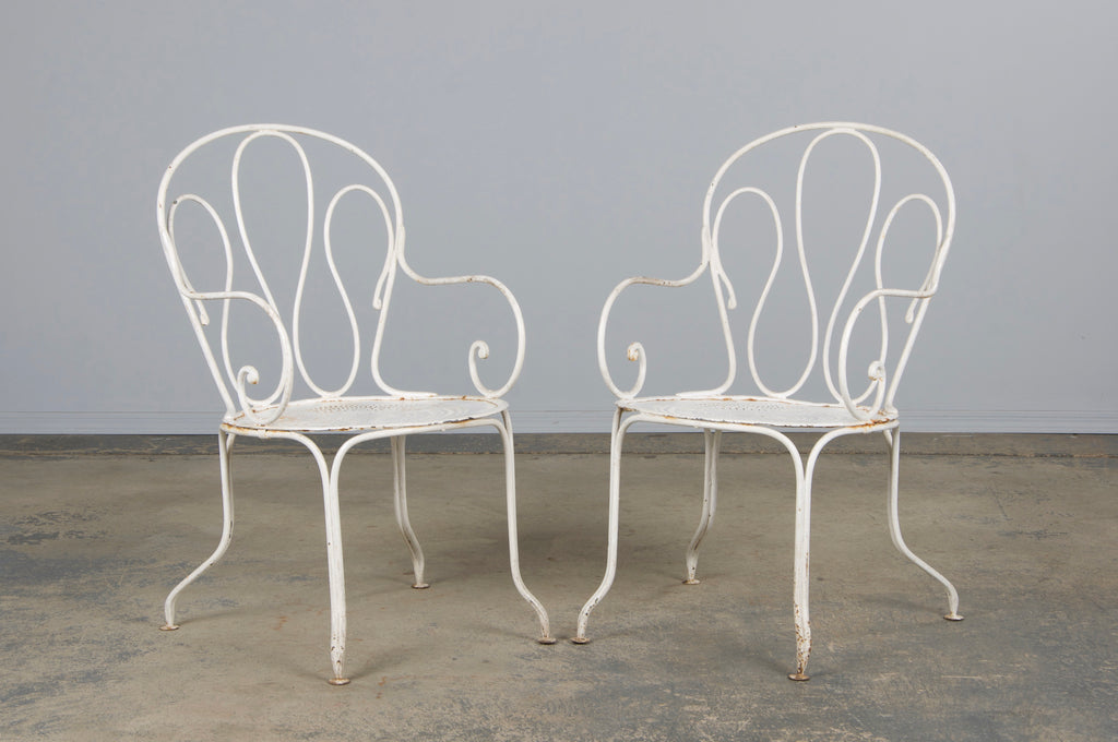 Antique French Art Nouveau White Wrought Iron Painted Garden Set