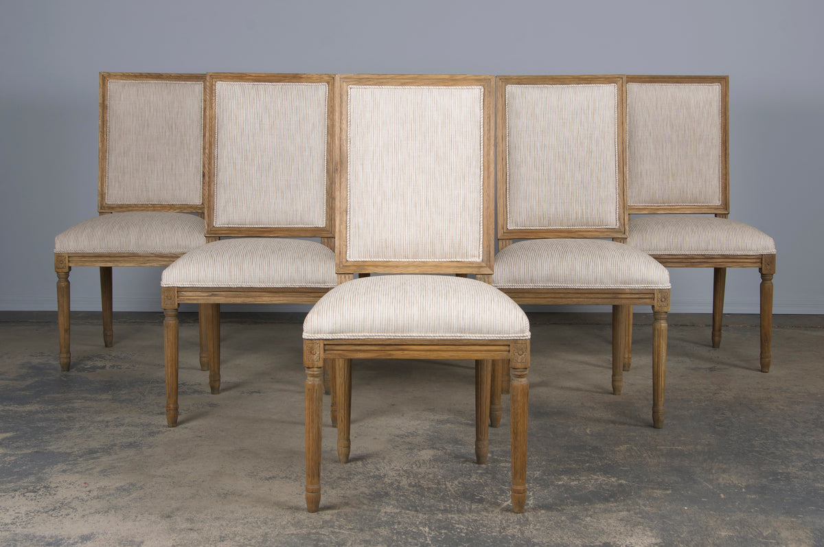 French Louis XVI Style Square Back Oak Dining Chairs W/ Striped White and Beige Chenille - Set of 6