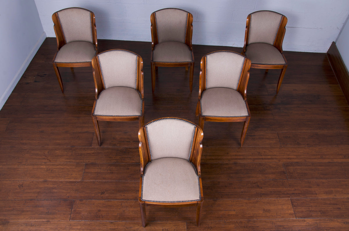 1930s French Art Deco Carved Maple Dining Chairs W/ Gray Fabric - Set of 6