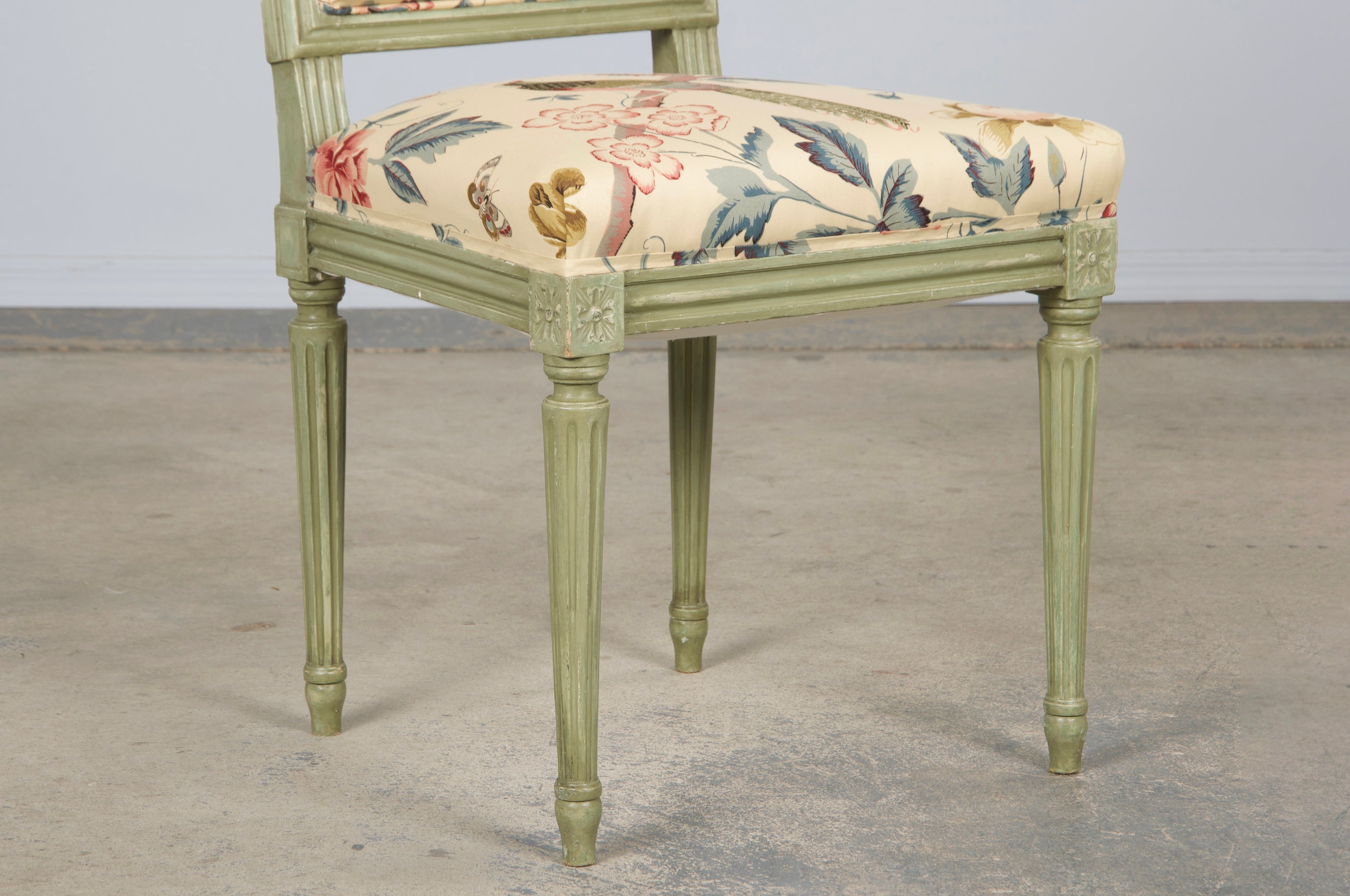 Antique French Louis XVI Style Painted Square Back Side Chairs in Chinoiserie Fabric - A Pair