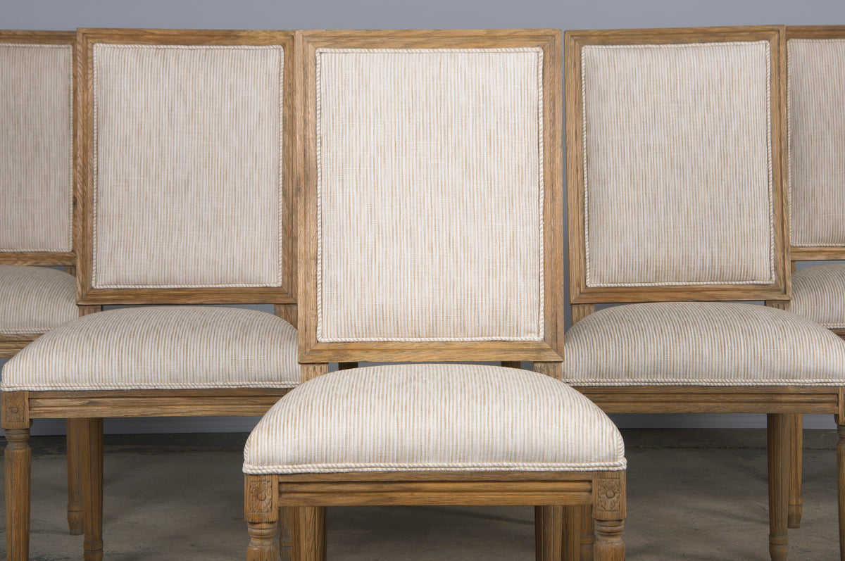 French Louis XVI Style Square Back Oak Dining Chairs W/ Striped White and Beige Chenille - Set of 6