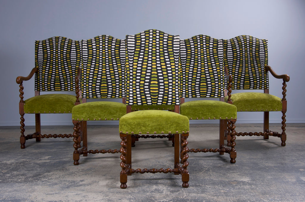 Antique French Louis XIII Style Oak Barley Twist Dining Chairs W/ Green Fabric - Set of 6