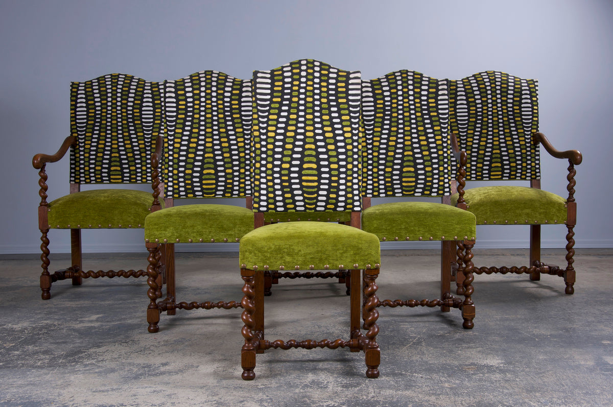 Antique French Louis XIII Style Oak Barley Twist Dining Chairs W/ Green Fabric - Set of 6