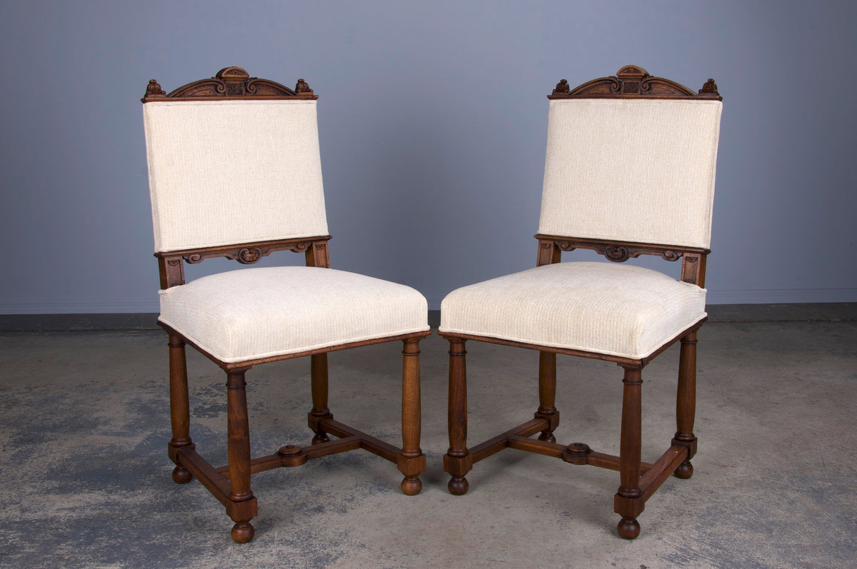 Antique French Napoleon III Style Walnut Dining Chairs W/ Custard Chenille - Set of 10