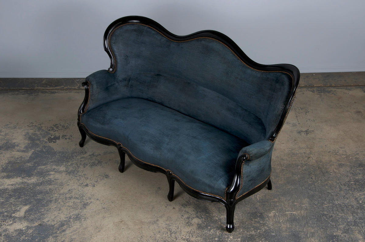 19th Century Napoleon III Ebonized Settee W/ Blue Velvet