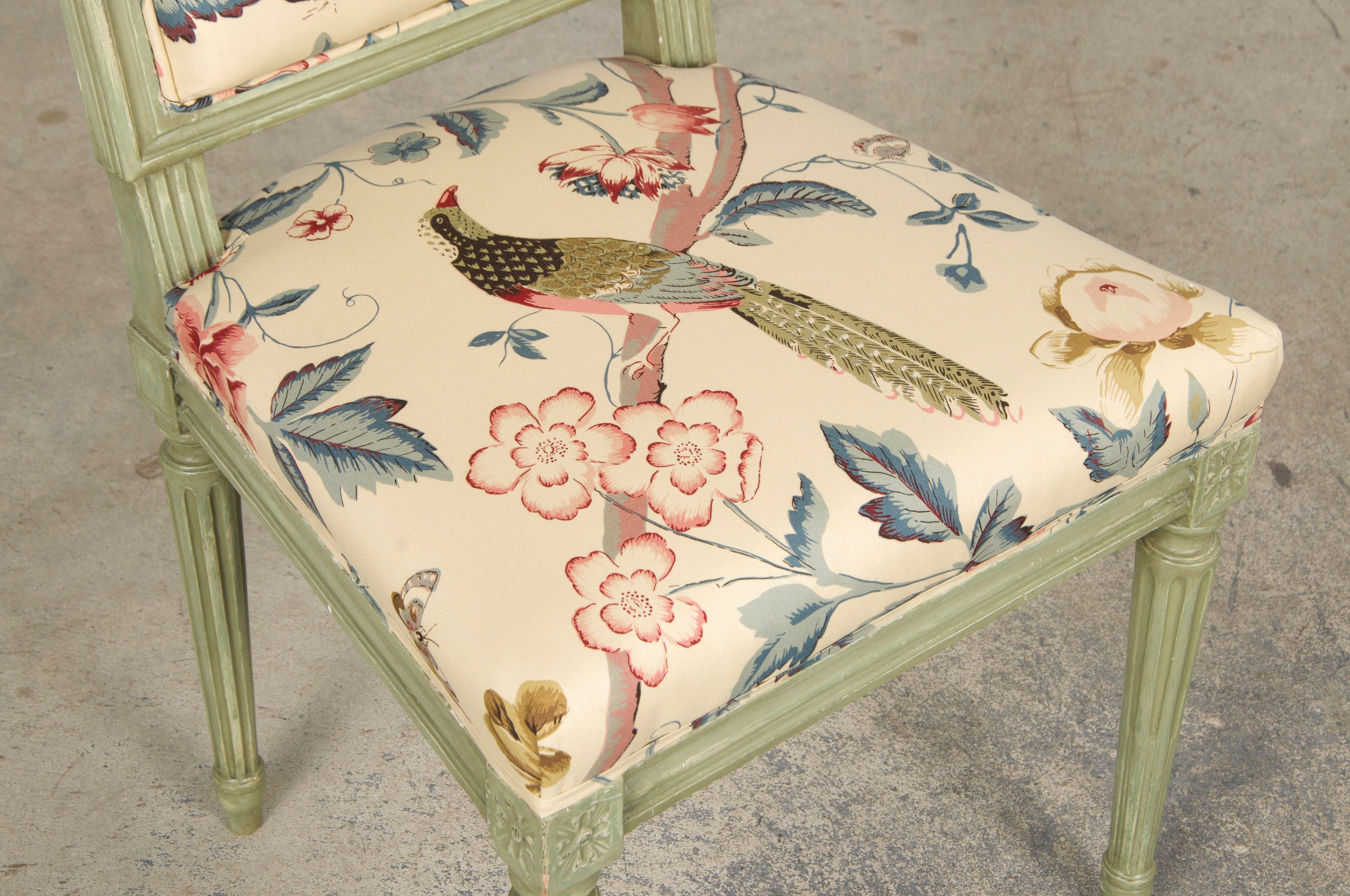 Antique French Louis XVI Style Painted Square Back Side Chairs in Chinoiserie Fabric - A Pair