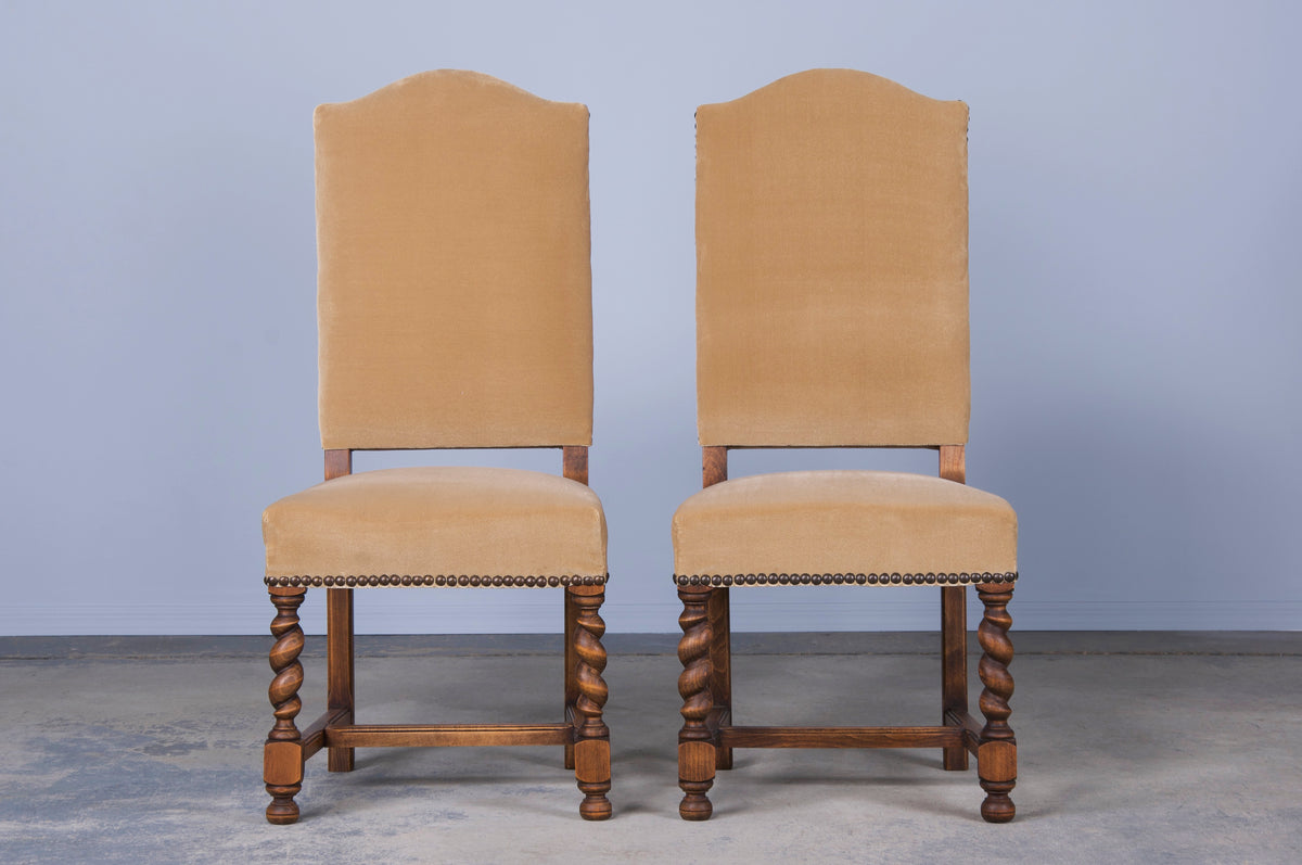 Antique French Louis XIII Style Maple Barley Twist Dining Chairs W/ Beige Velvet - Set of 6
