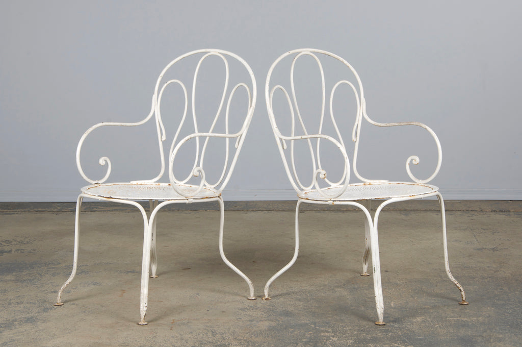 Antique French Art Nouveau White Wrought Iron Painted Garden Set