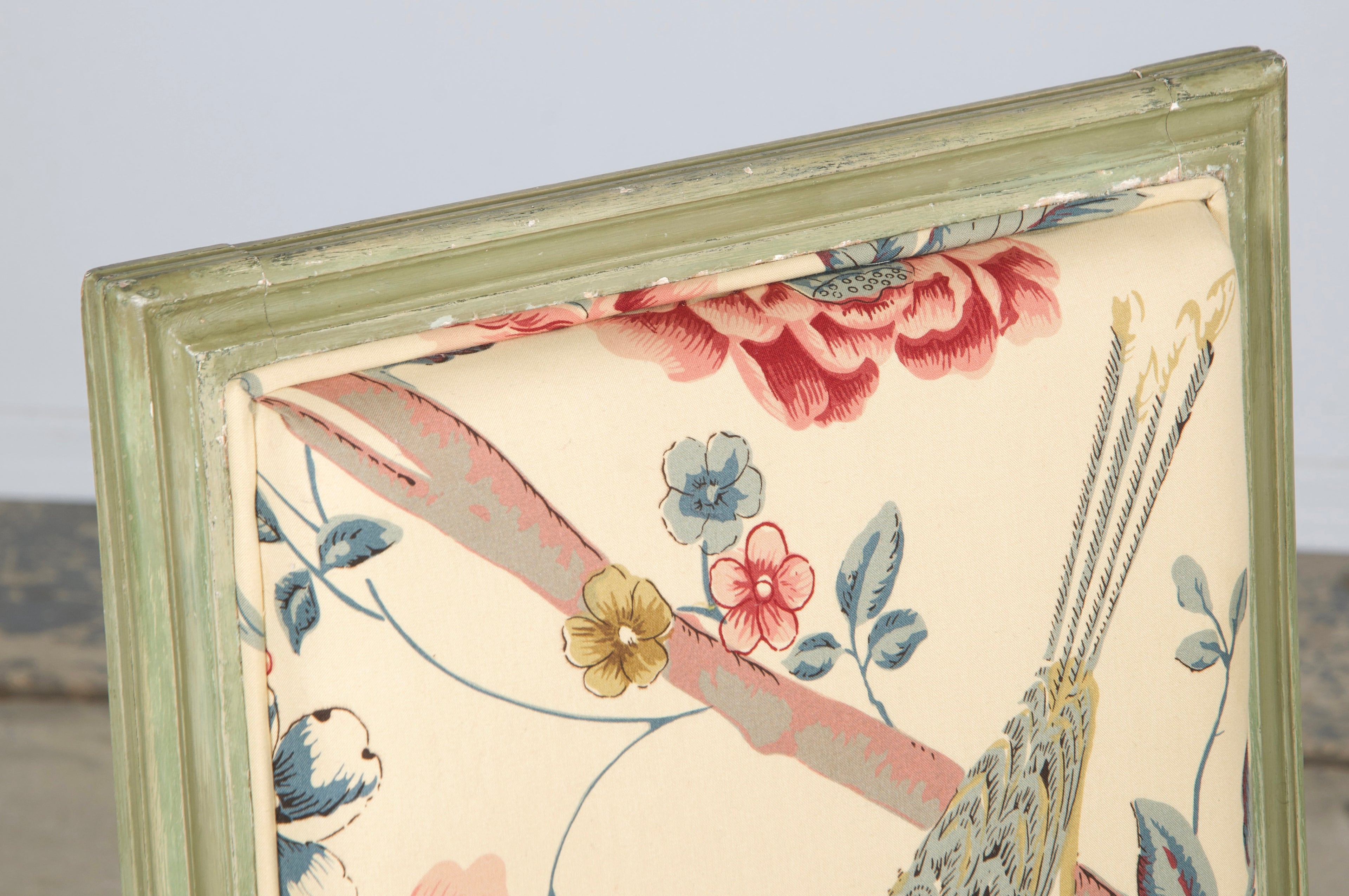 Antique French Louis XVI Style Painted Square Back Side Chairs in Chinoiserie Fabric - A Pair