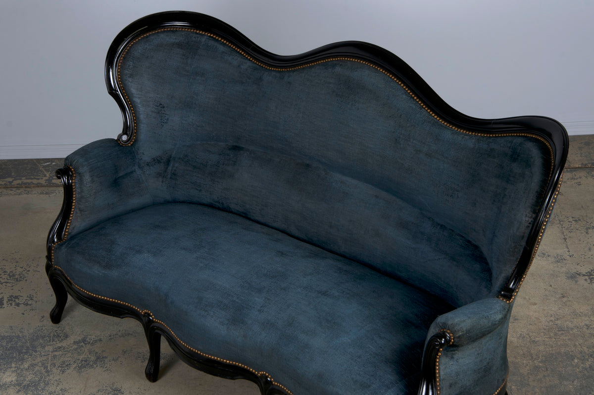 19th Century Napoleon III Ebonized Settee W/ Blue Velvet