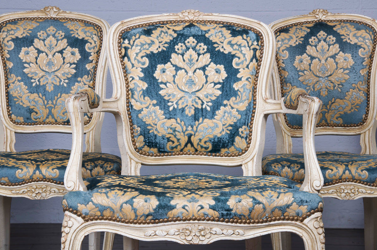 Antique French Louis XV Style Provincial Painted Dining Chairs W/ Floral Damask - Set of 5