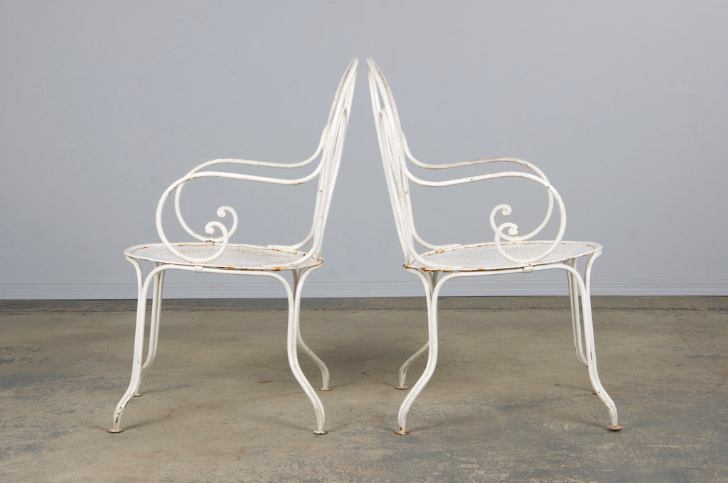 Antique French Art Nouveau White Wrought Iron Painted Garden Set