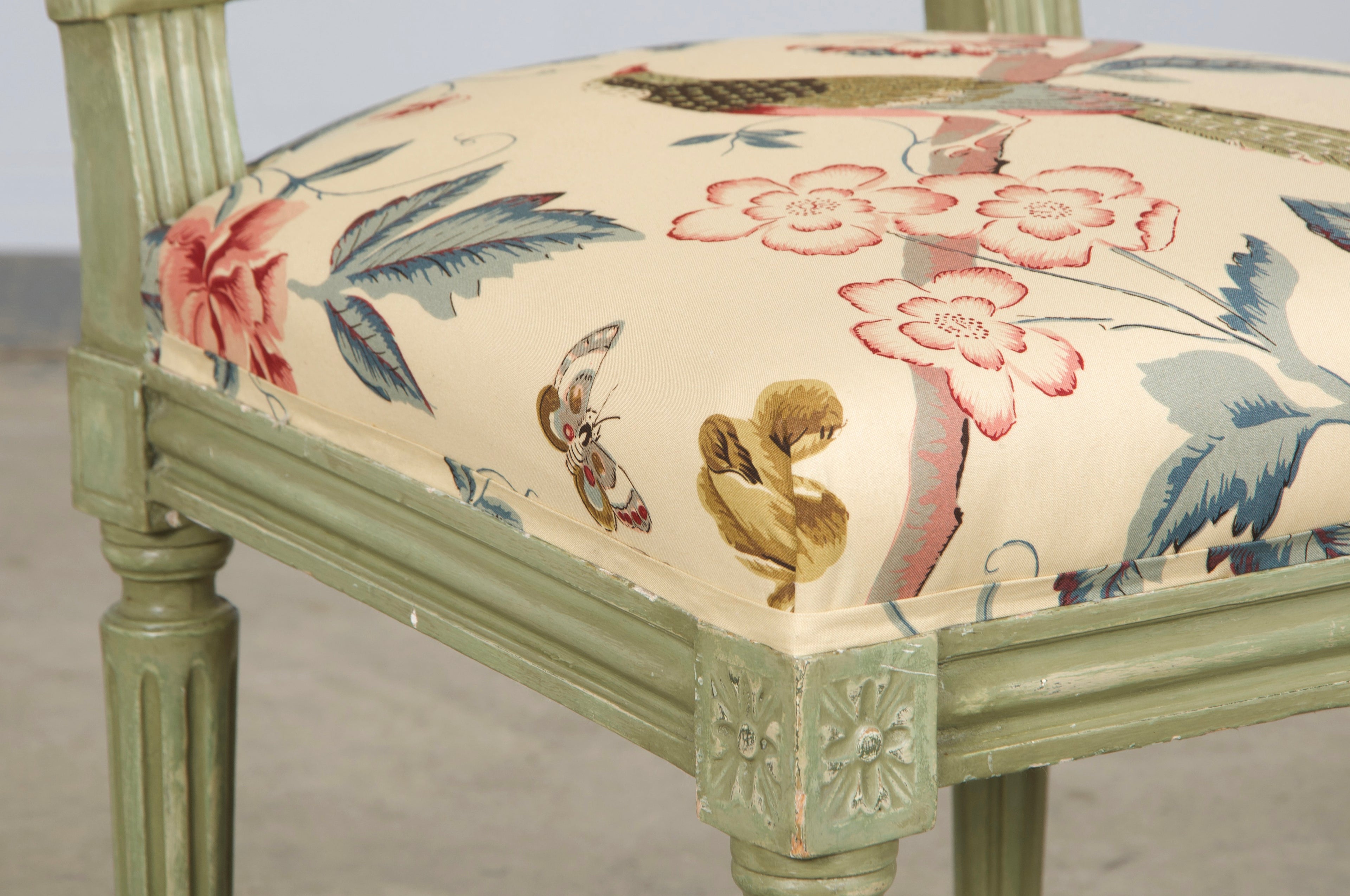 Antique French Louis XVI Style Painted Square Back Side Chairs in Chinoiserie Fabric - A Pair