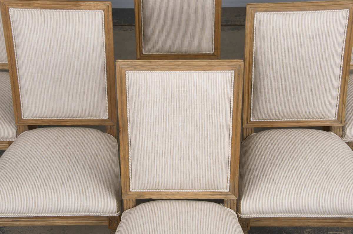 French Louis XVI Style Square Back Oak Dining Chairs W/ Striped White and Beige Chenille - Set of 6