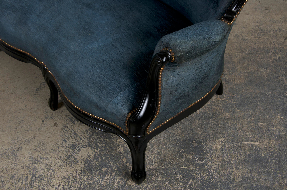 19th Century Napoleon III Ebonized Settee W/ Blue Velvet